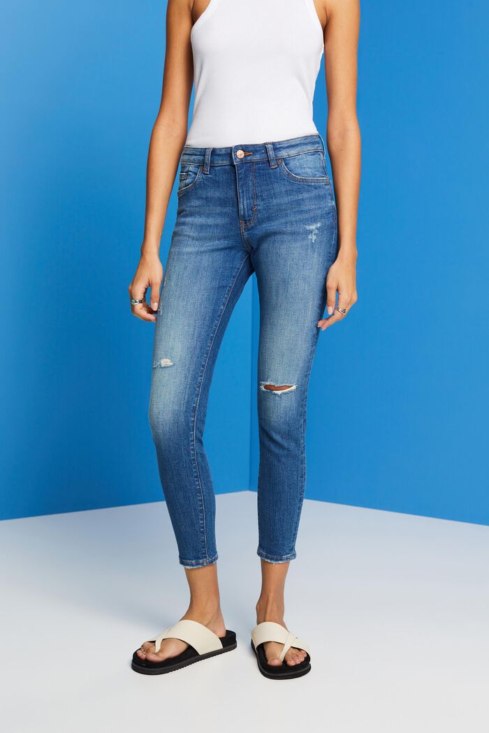 Cropped skinny jeans met een used look, BLUE MEDIUM WASHED, detail image number 0