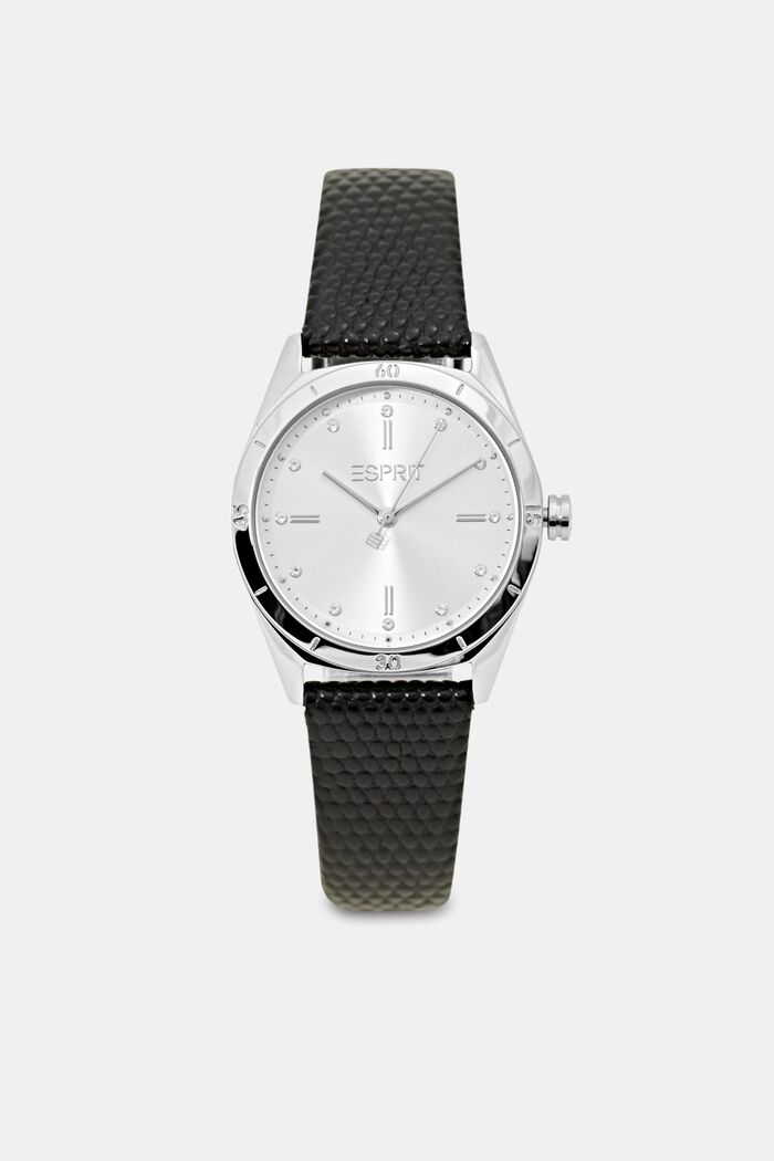 Edelstalen horloge met gestructureerd leren bandje, BLACK, detail image number 0