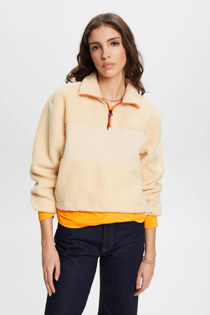 Sweatshirt met een halve rits, van een materiaalmix, CREAM BEIGE, detail image number 0