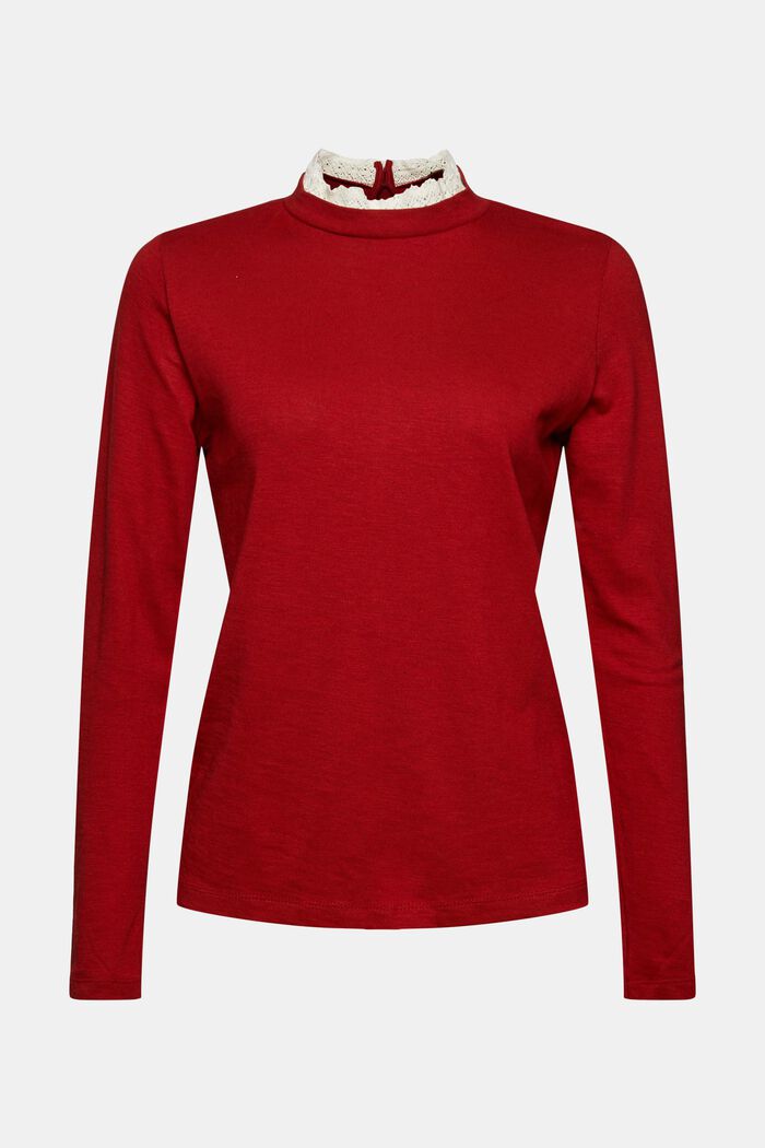 T-shirt à manches longues en coton biologique animé de dentelle, DARK RED, detail image number 7
