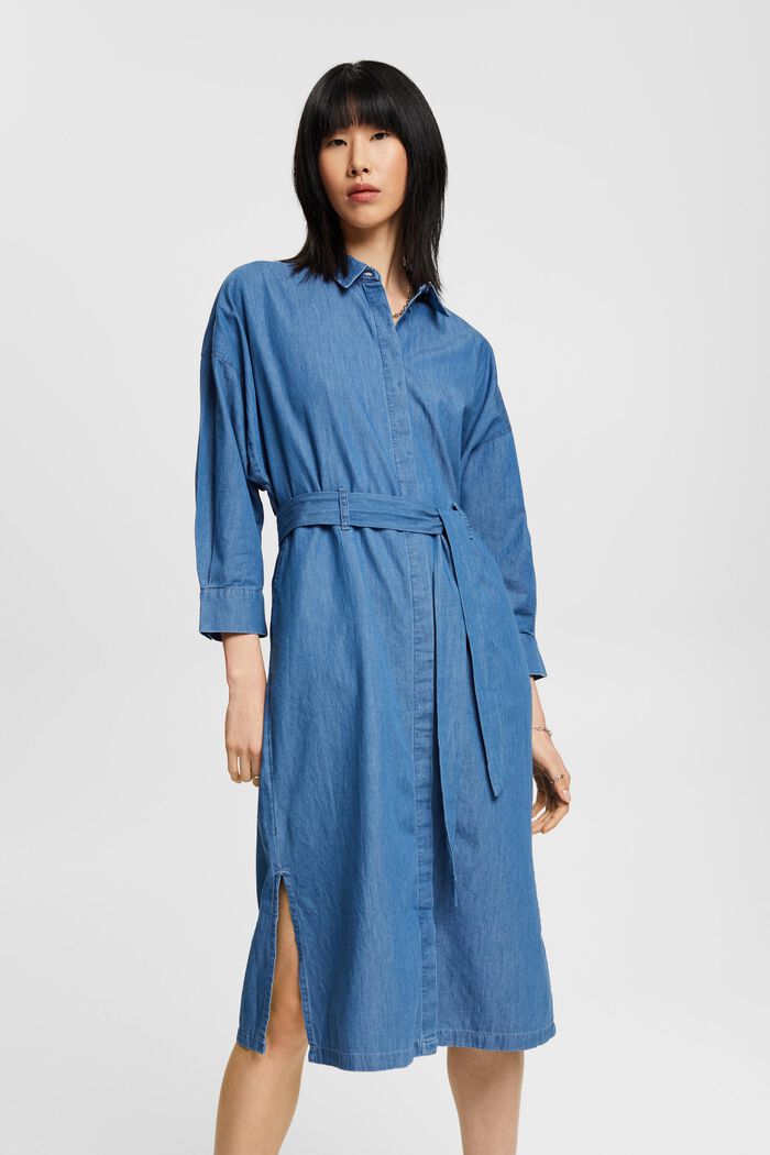 Midi-jurk van katoenen denim met motief en strikceintuur, BLUE MEDIUM WASHED, detail image number 0