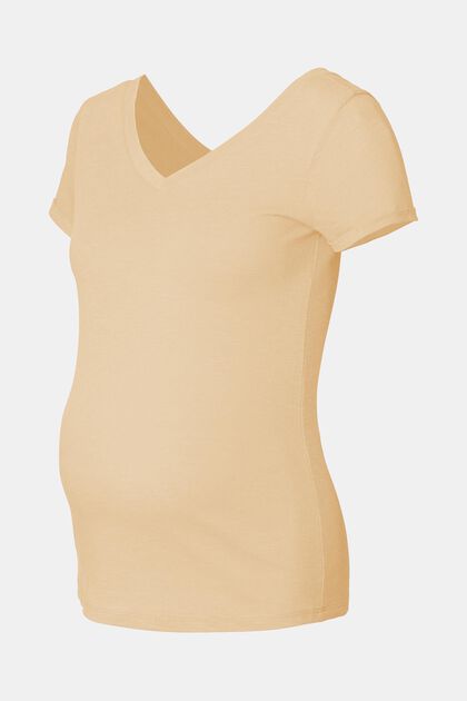 Met linnen: T-shirt met V-hals voor en achter, SAND, overview