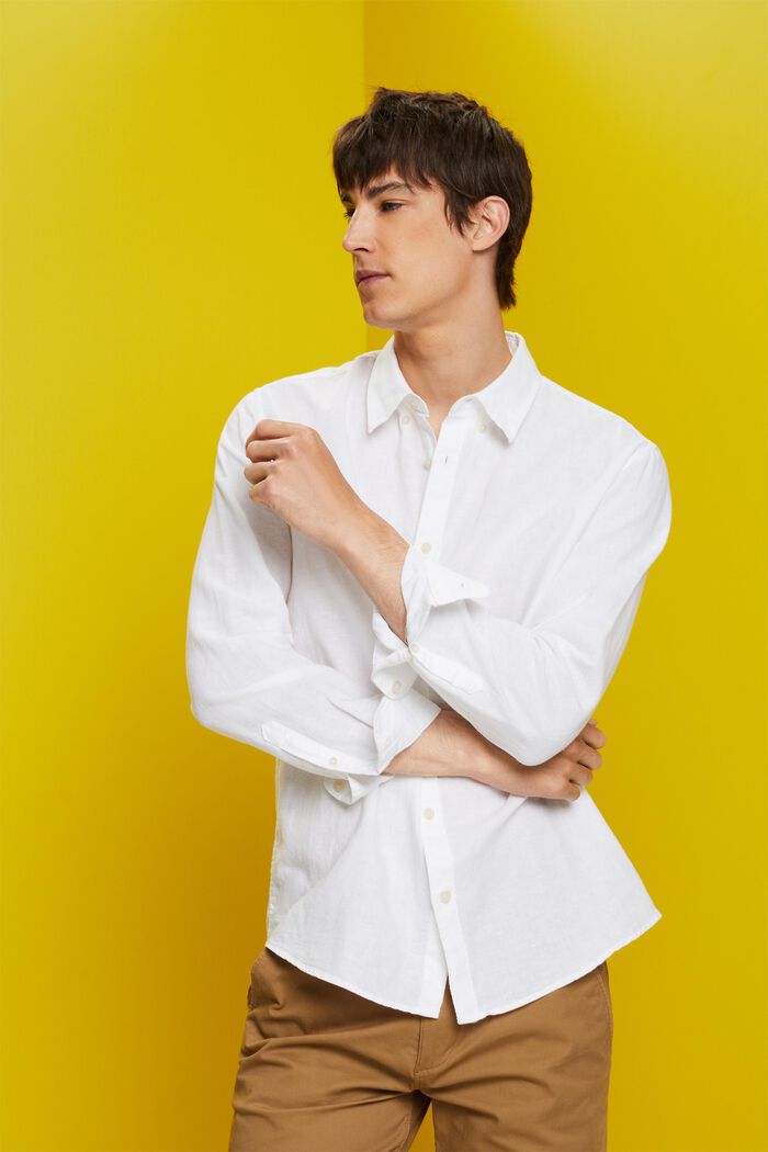 Overhemd met buttondownkraag van een mix van katoen en linnen, WHITE, detail image number 4
