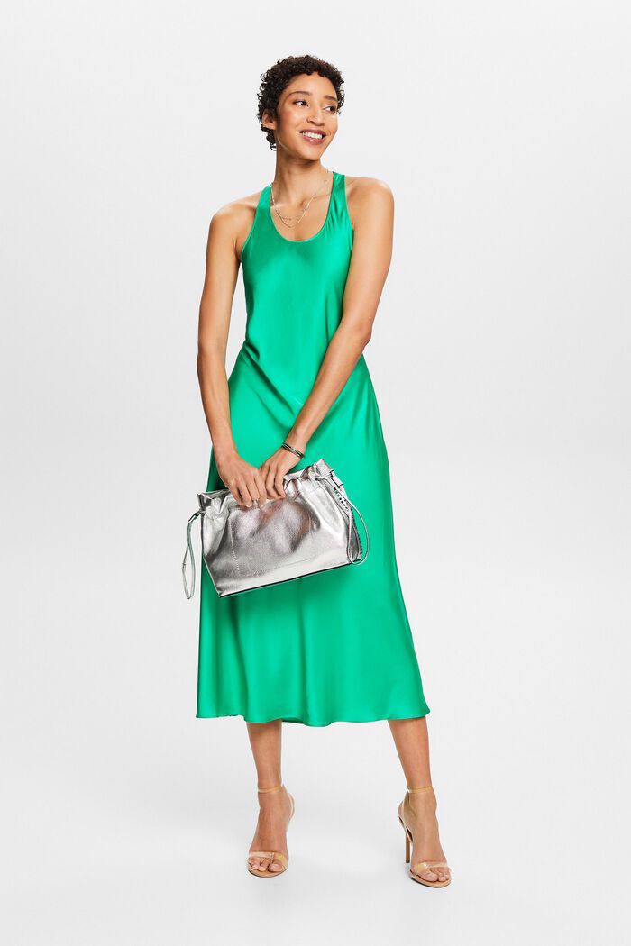 Satijnen mouwloze midi-jurk met ceintuur, GREEN, detail image number 1