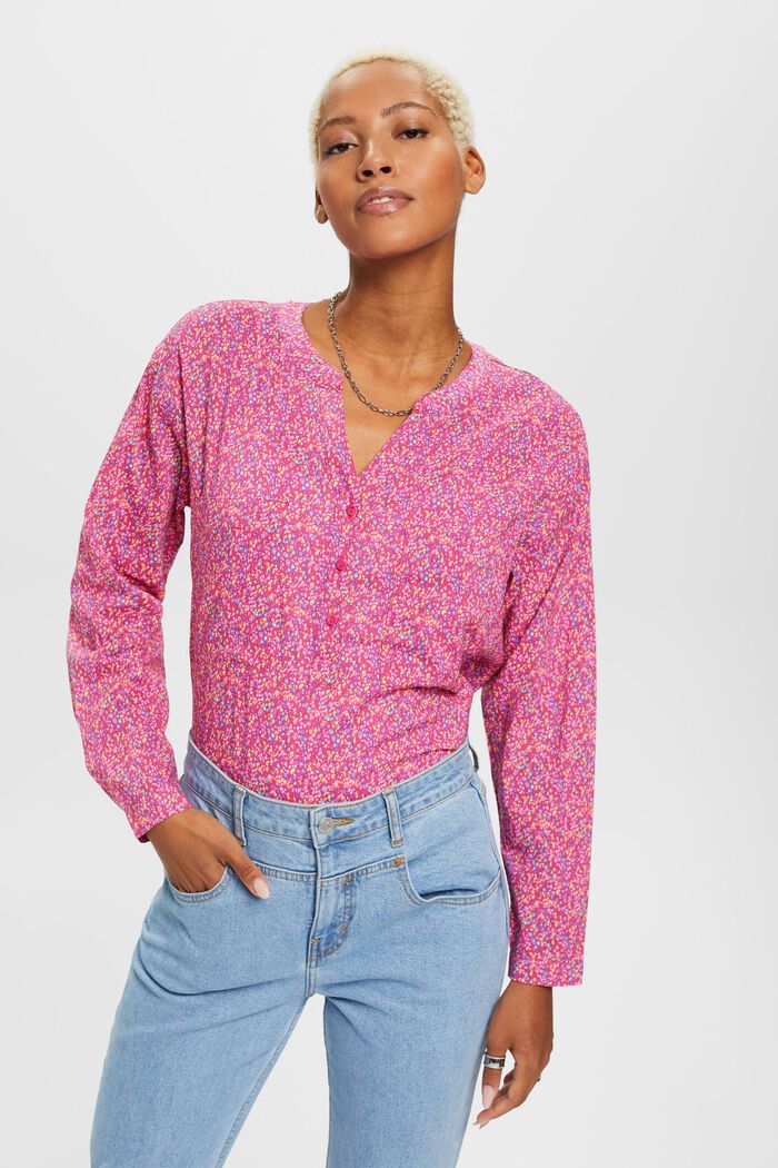 Gebloemde blouse met V-hals en knopen, PINK FUCHSIA, detail image number 0