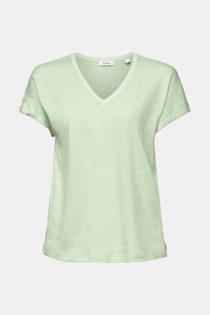 T-shirt van katoenlinnen met V-hals, LIGHT GREEN, detail image number 5