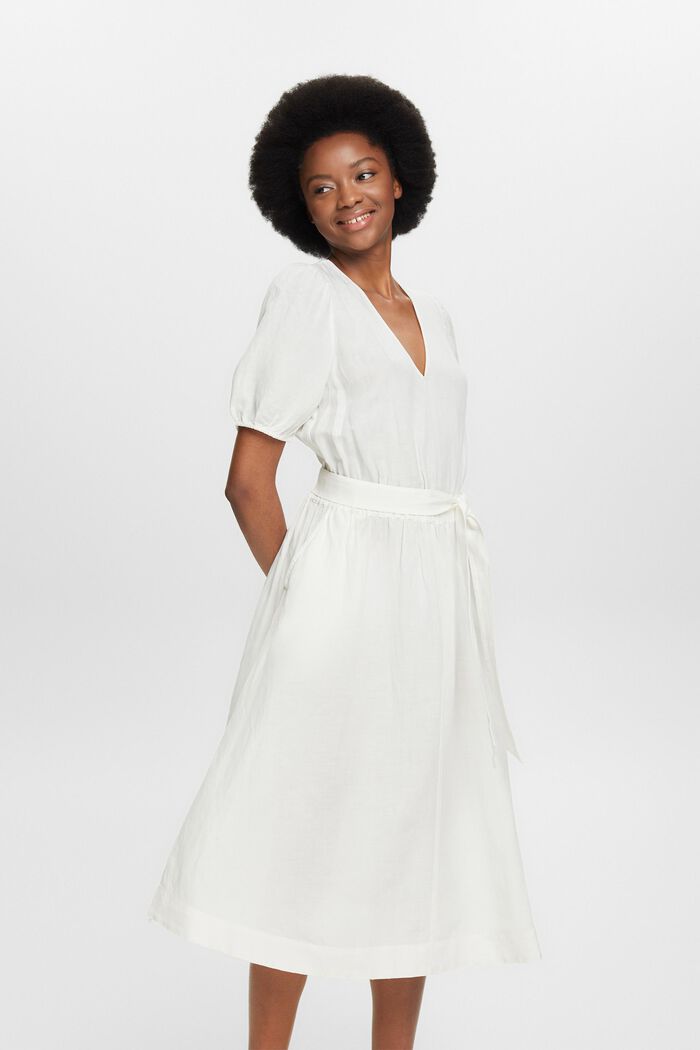 Midi-jurk met pofmouwen en ceintuur, OFF WHITE, detail image number 0