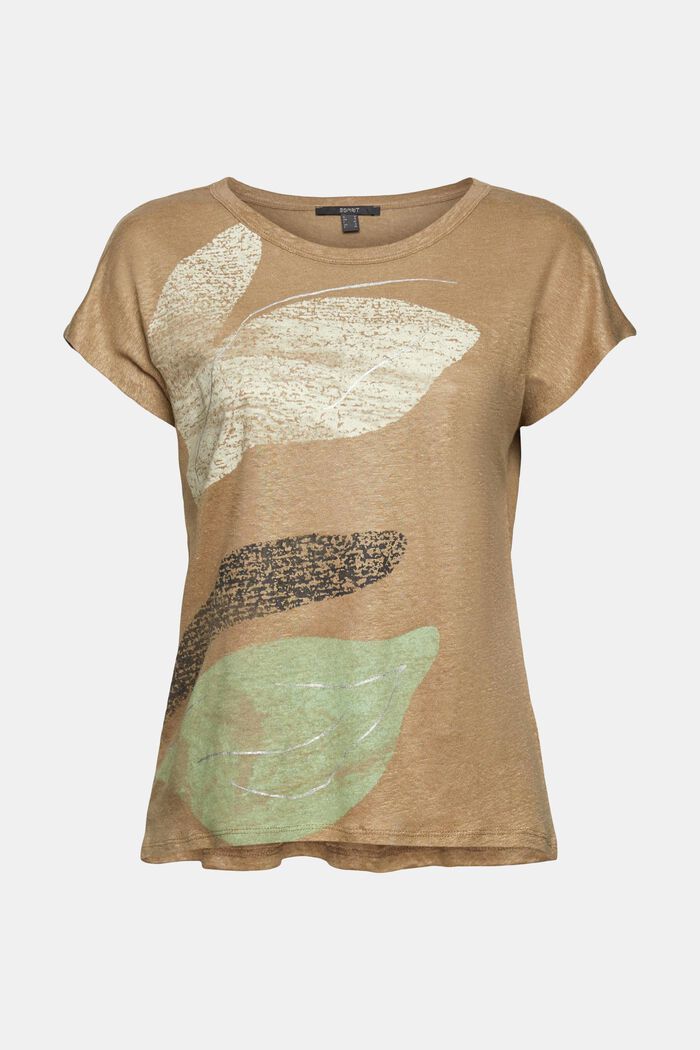 T-shirt met print, 100% linnen, KHAKI GREEN, overview