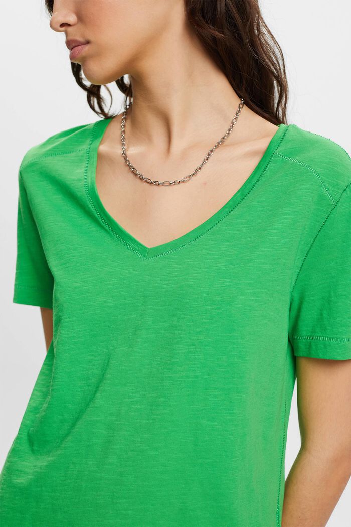 Katoen T-shirt met V-hals en siernaden, GREEN, detail image number 2