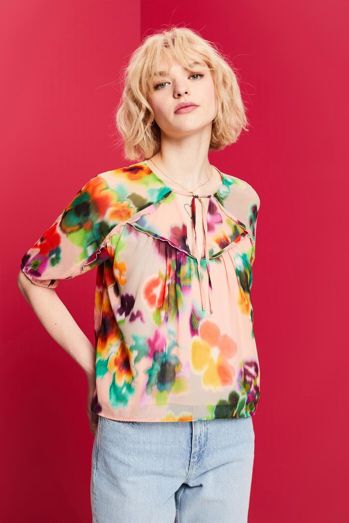 Chiffon blouse met bloemenprint, CORAL, detail image number 0