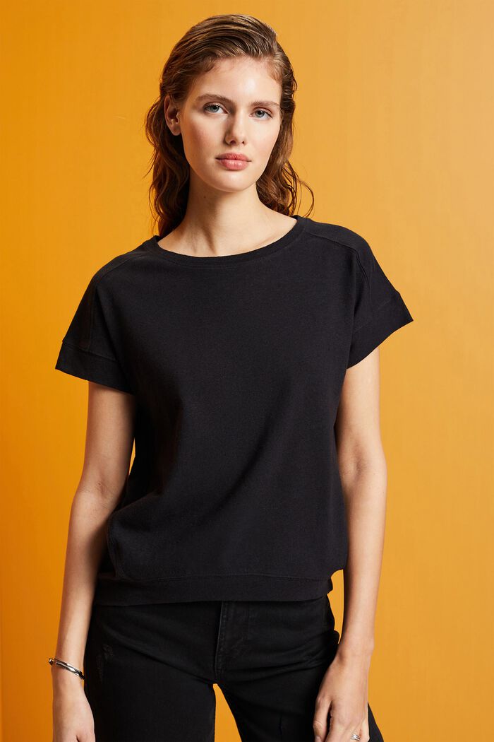 T-shirt van een mix van katoen en linnen, BLACK, detail image number 0