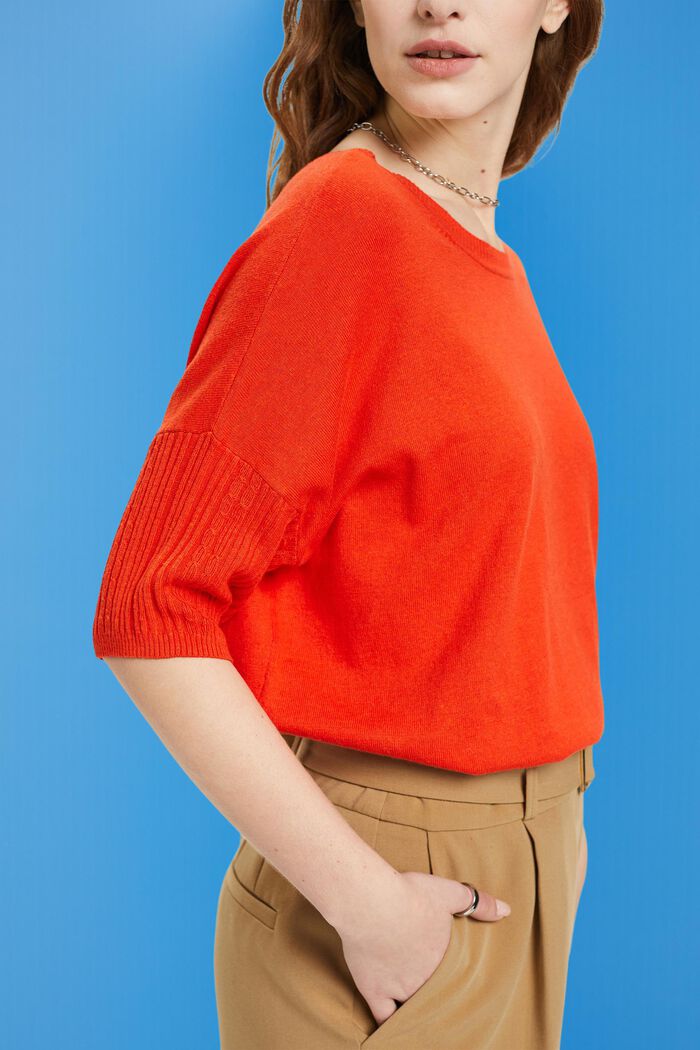 Gebreide trui met korte mouwen met linnen, ORANGE RED, detail image number 2