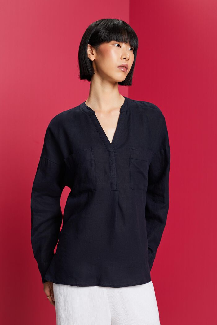 Linnen blouse, NAVY, detail image number 0