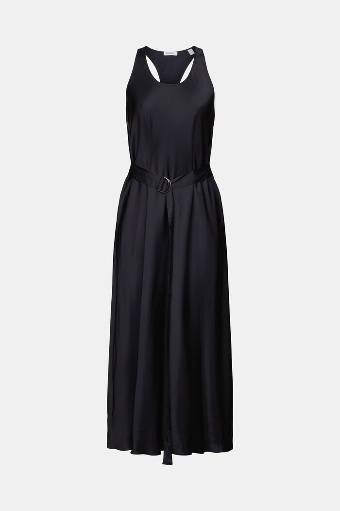 Satijnen mouwloze midi-jurk met ceintuur, BLACK, detail image number 6