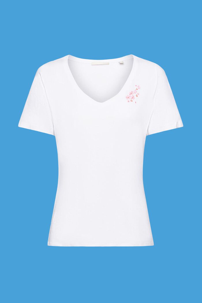 T-shirt met V-hals en bloemenborduursel, WHITE, detail image number 5