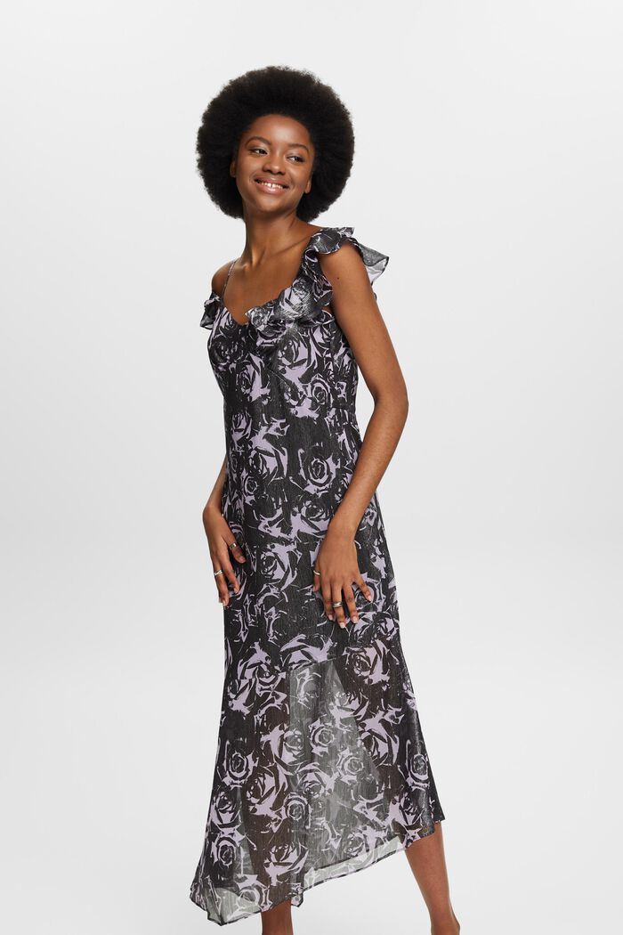 Off-the-shoulder chiffon maxi-jurk met print, BLACK, detail image number 0