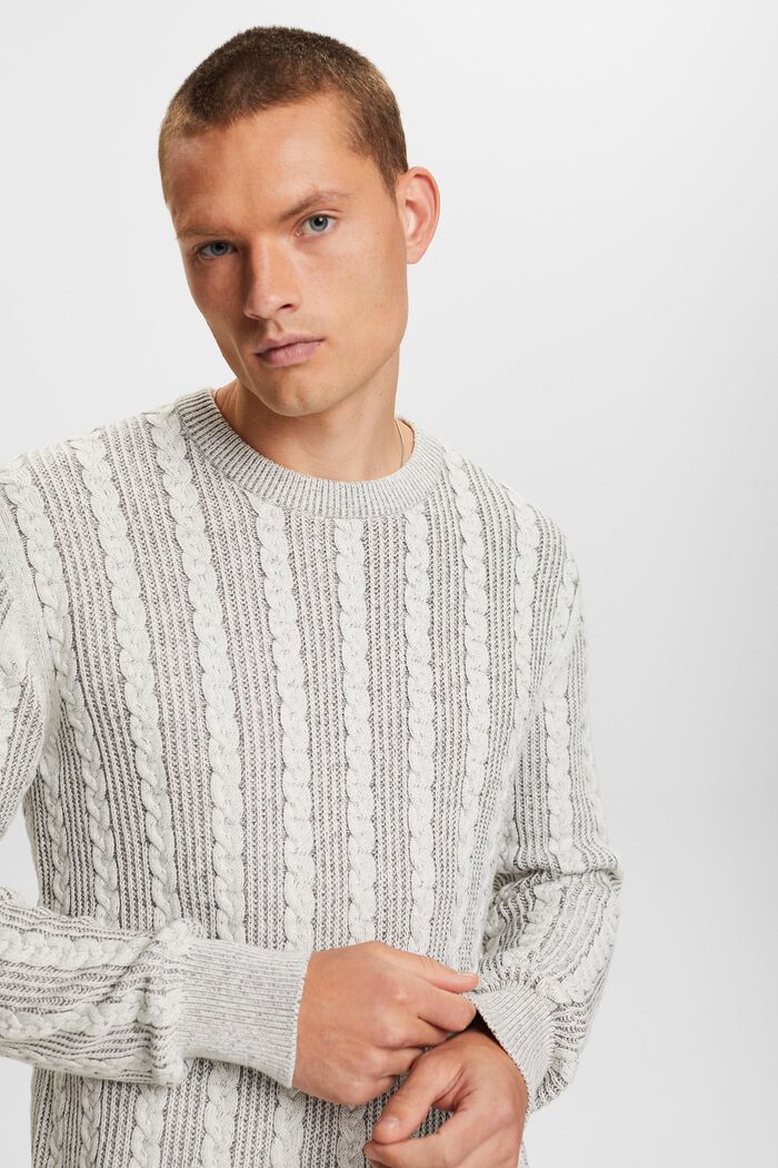 Sweater met kabelpatroon en ronde hals, BROWN GREY, detail image number 0