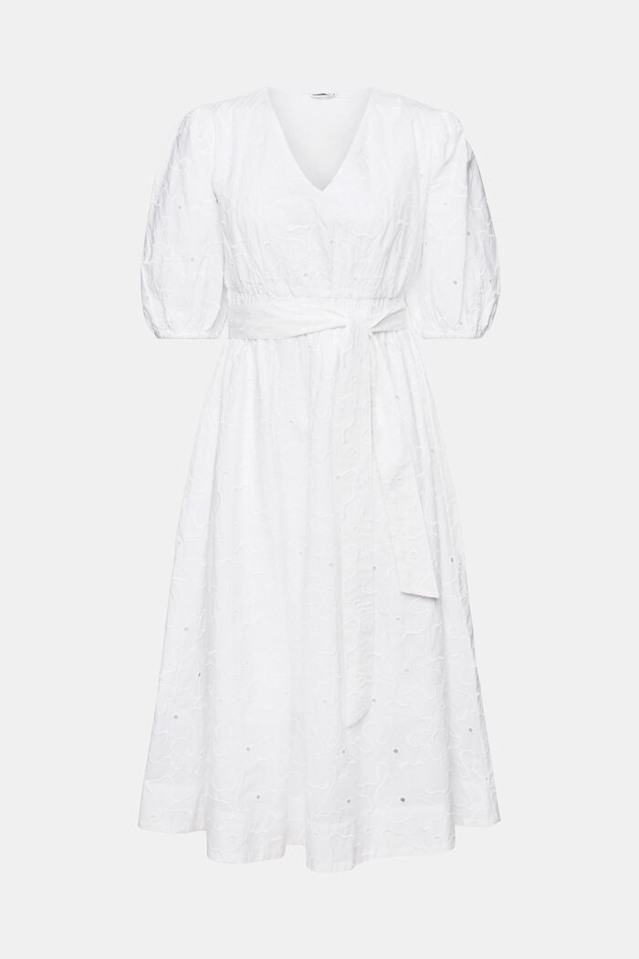 Midi-jurk met pofmouwen en ceintuur, WHITE, detail image number 6