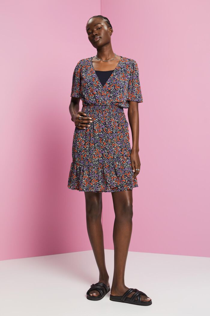 Mini-robe à motif fleuri et taille smockée, NAVY, detail image number 0