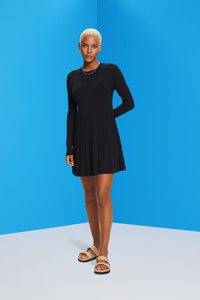 Mini-robe plissée à manches longues et encolure ronde, BLACK, detail image number 4