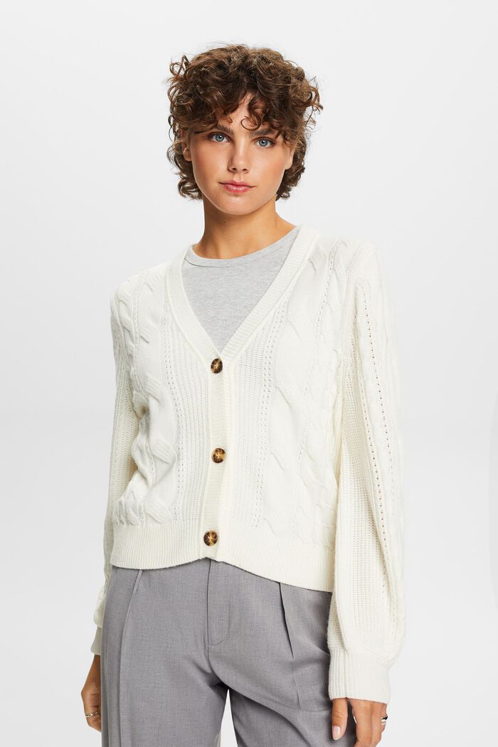 Cardigan en maille torsadée de laine mélangée, OFF WHITE, detail image number 0