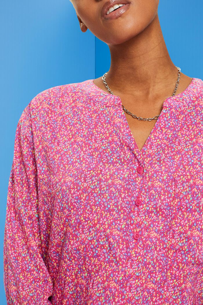 Gebloemde blouse met V-hals en knopen, PINK FUCHSIA, detail image number 2