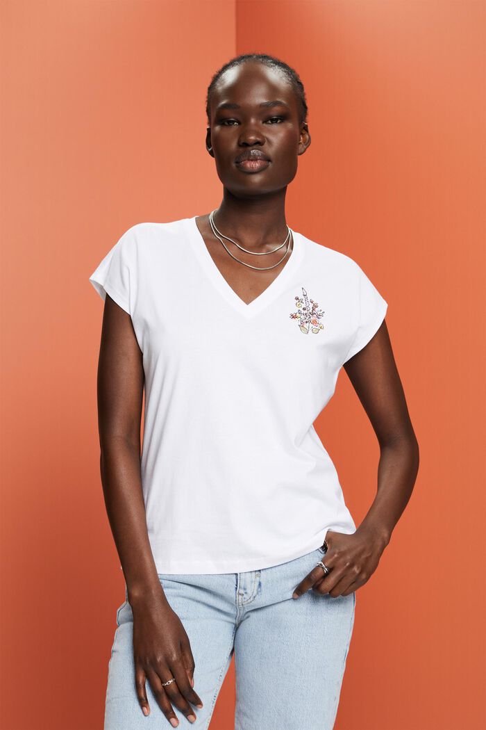 T-shirt met borduursel, 100% katoen, WHITE, detail image number 0