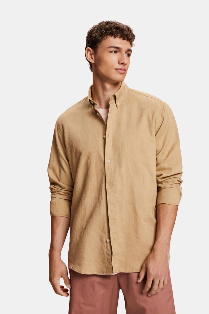 Overhemd met buttondownkraag van een mix van katoen en linnen, BEIGE, detail image number 0