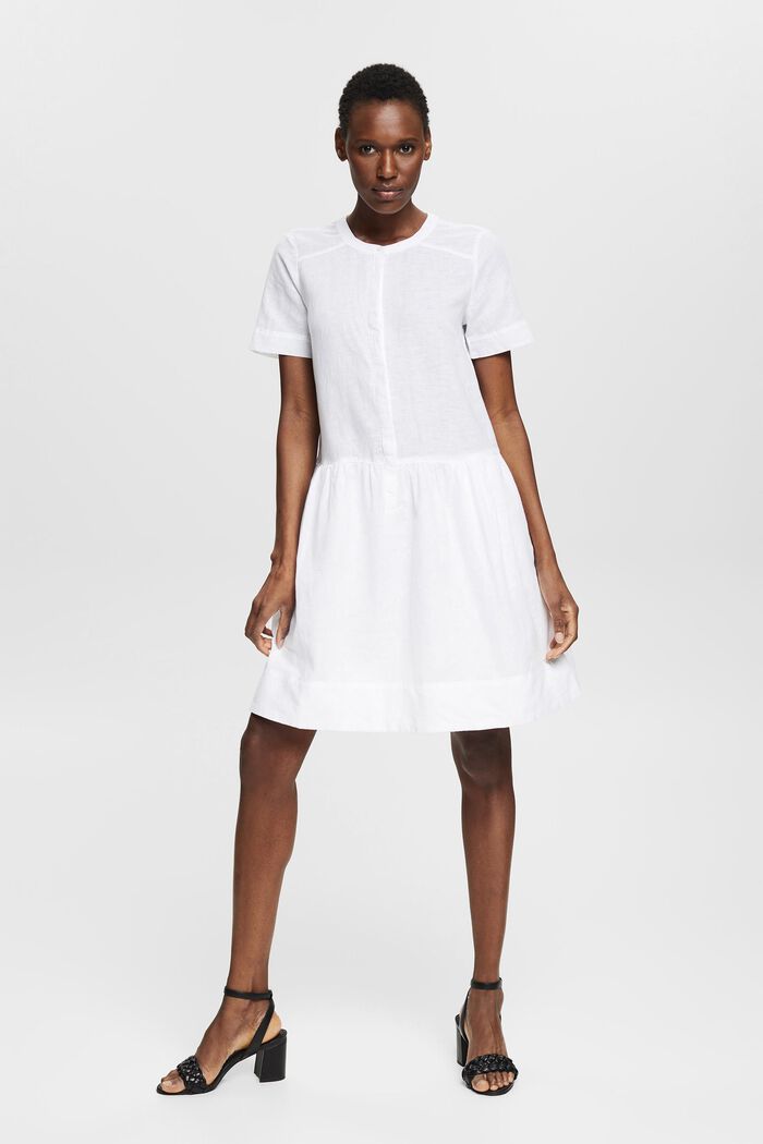 Van een linnenmix: jurk met knoopsluiting, WHITE, detail image number 1