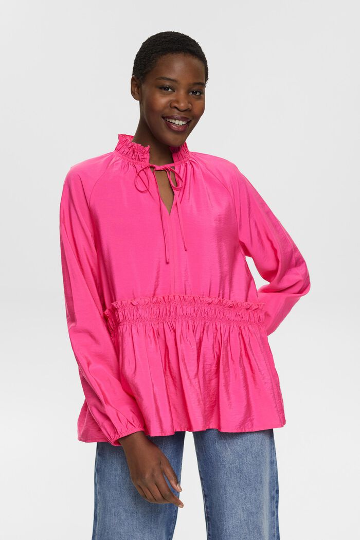 Gerimpelde blouse met strikdetail, PINK FUCHSIA, detail image number 0