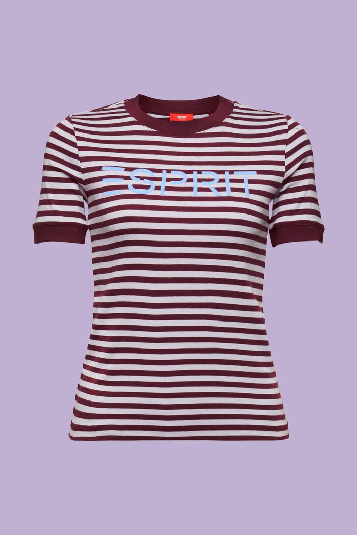Gestreept katoenen T-shirt met logoprint, BORDEAUX RED, detail image number 6