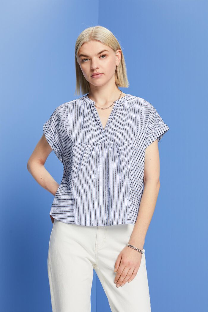 Gestreepte blouse met korte mouwen, 100% katoen, BRIGHT BLUE, detail image number 0
