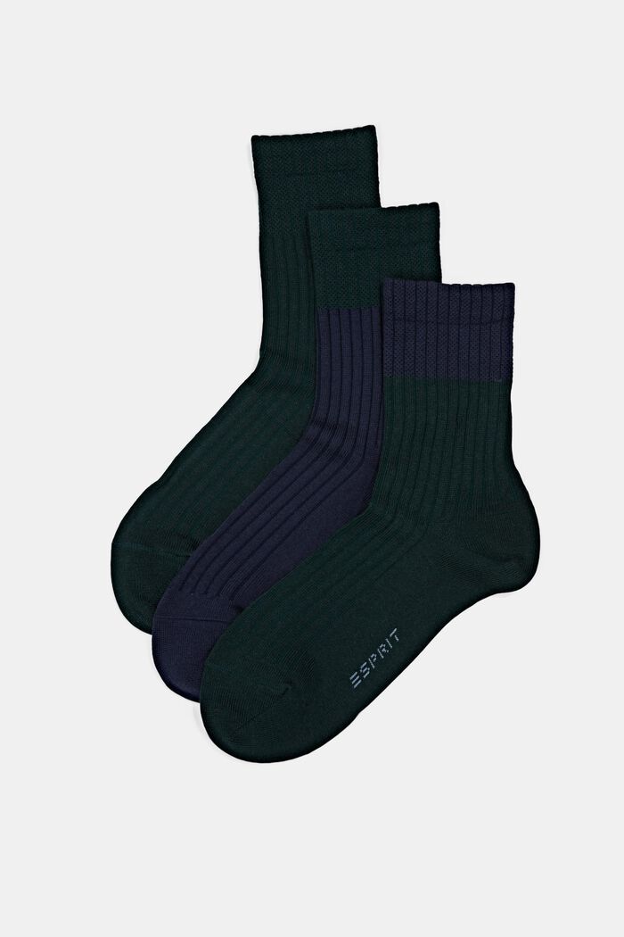 Met wol: drie paar ribgebreide sokken, NAVY/PINE, overview