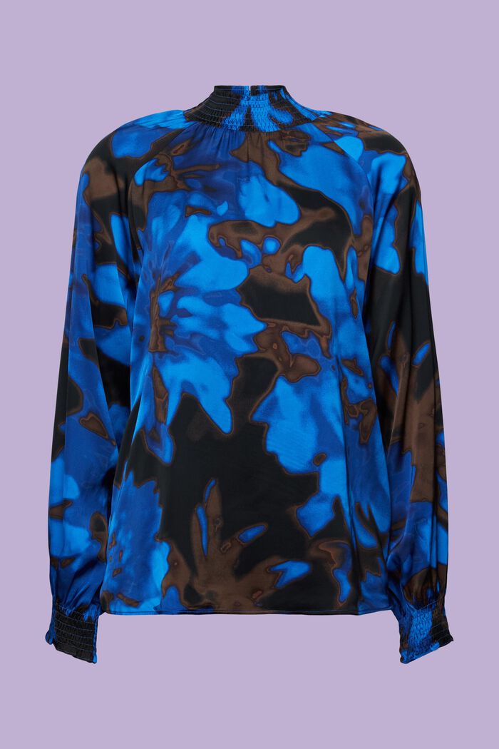 Gesmokte satijnen blouse met print, BRIGHT BLUE, detail image number 7